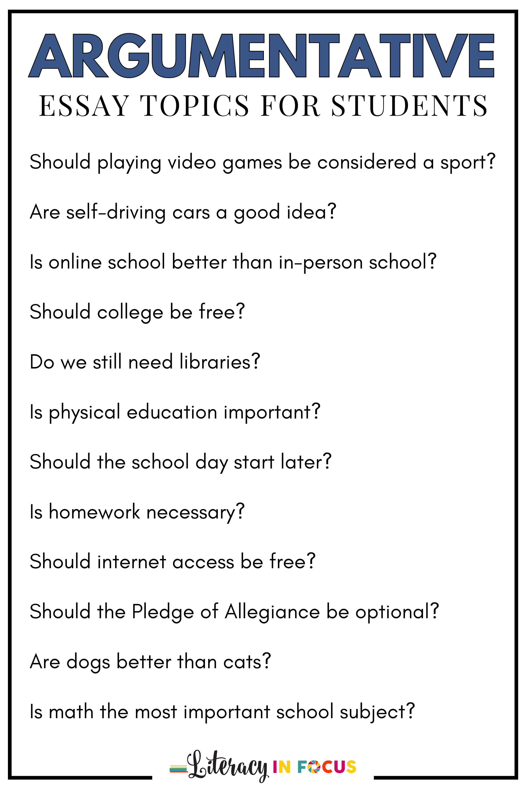 Argumentative essay topics for 6th grade