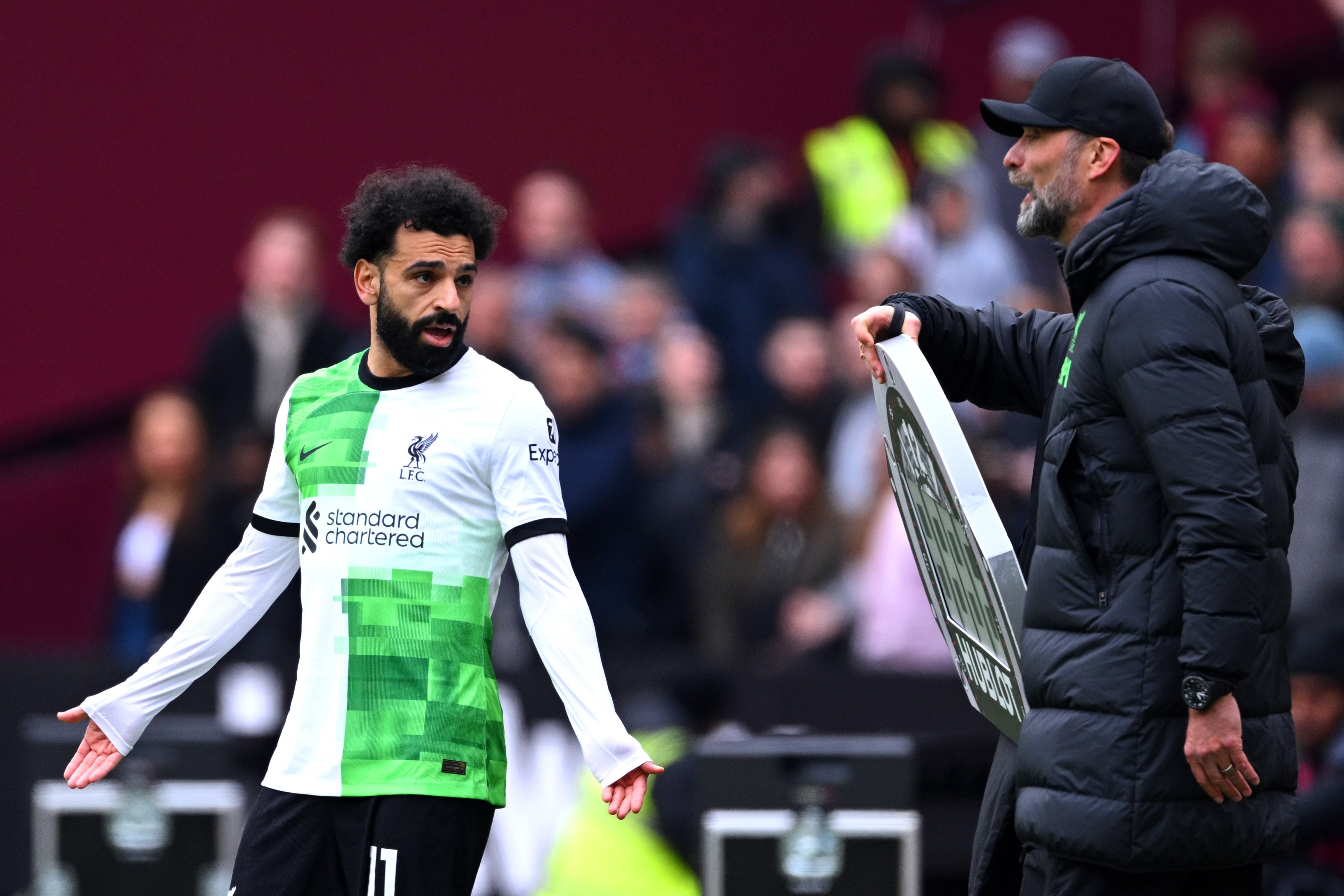 Mohamed Salah and Jurgen Klopp engaged in touchline argument as Liverpool’s season continues to unravel with 2-2 draw at West Ham