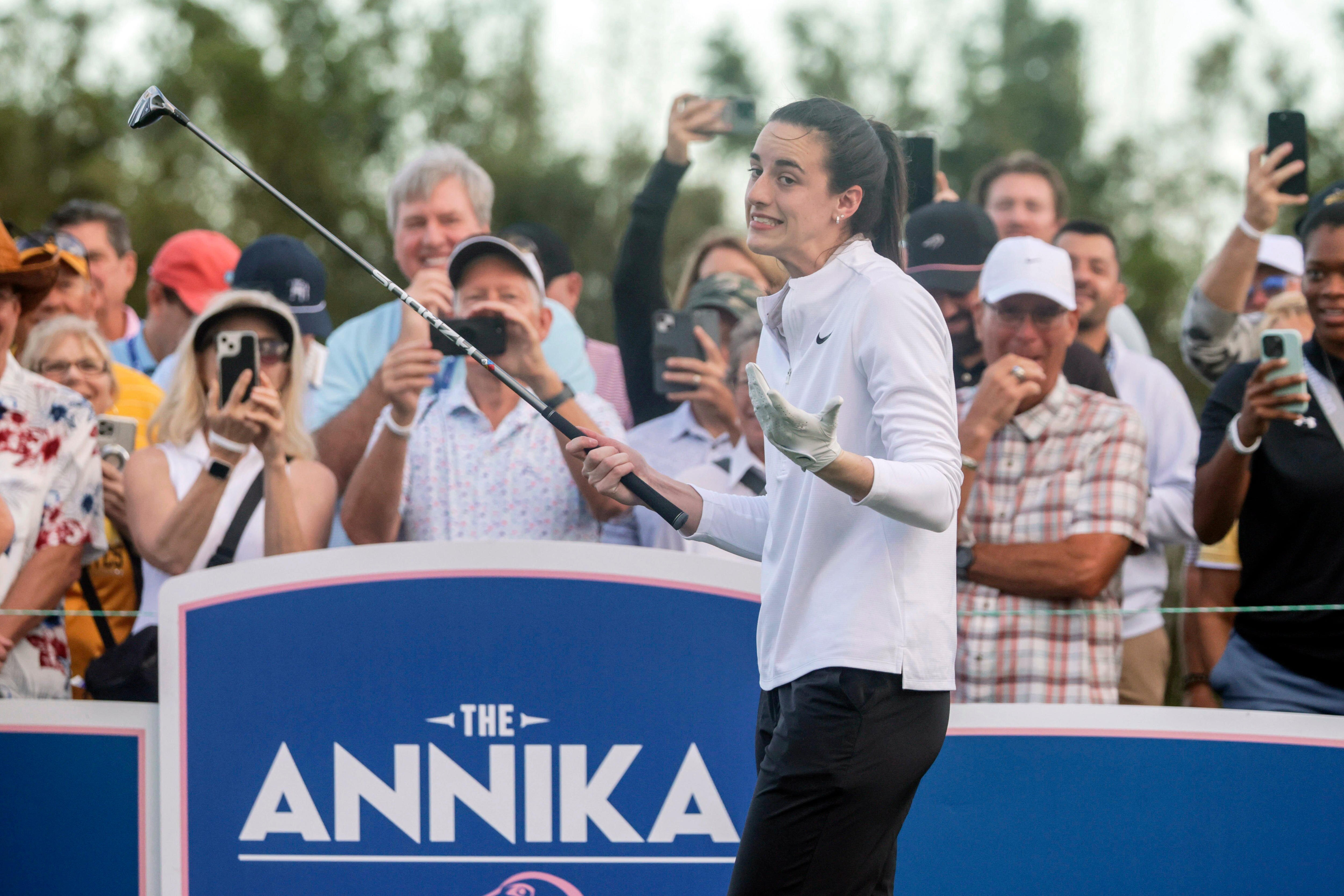 Caitlin Clark plays The Annika golf pro-am alongside Nelly Korda, shanking tee shot into crowd