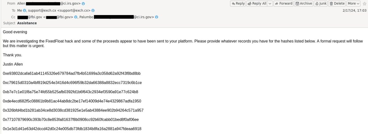 E-mail envoyé par un agent du secteur des enquêtes criminelles de l'IRS américain à eXch.