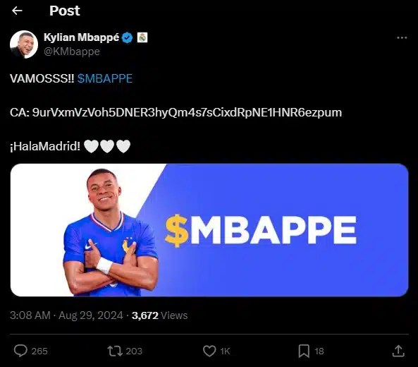 Le compte de Kylian Mbappé publie un contrat de cryptomonnaie sur Twitter. Source : Reproduction.