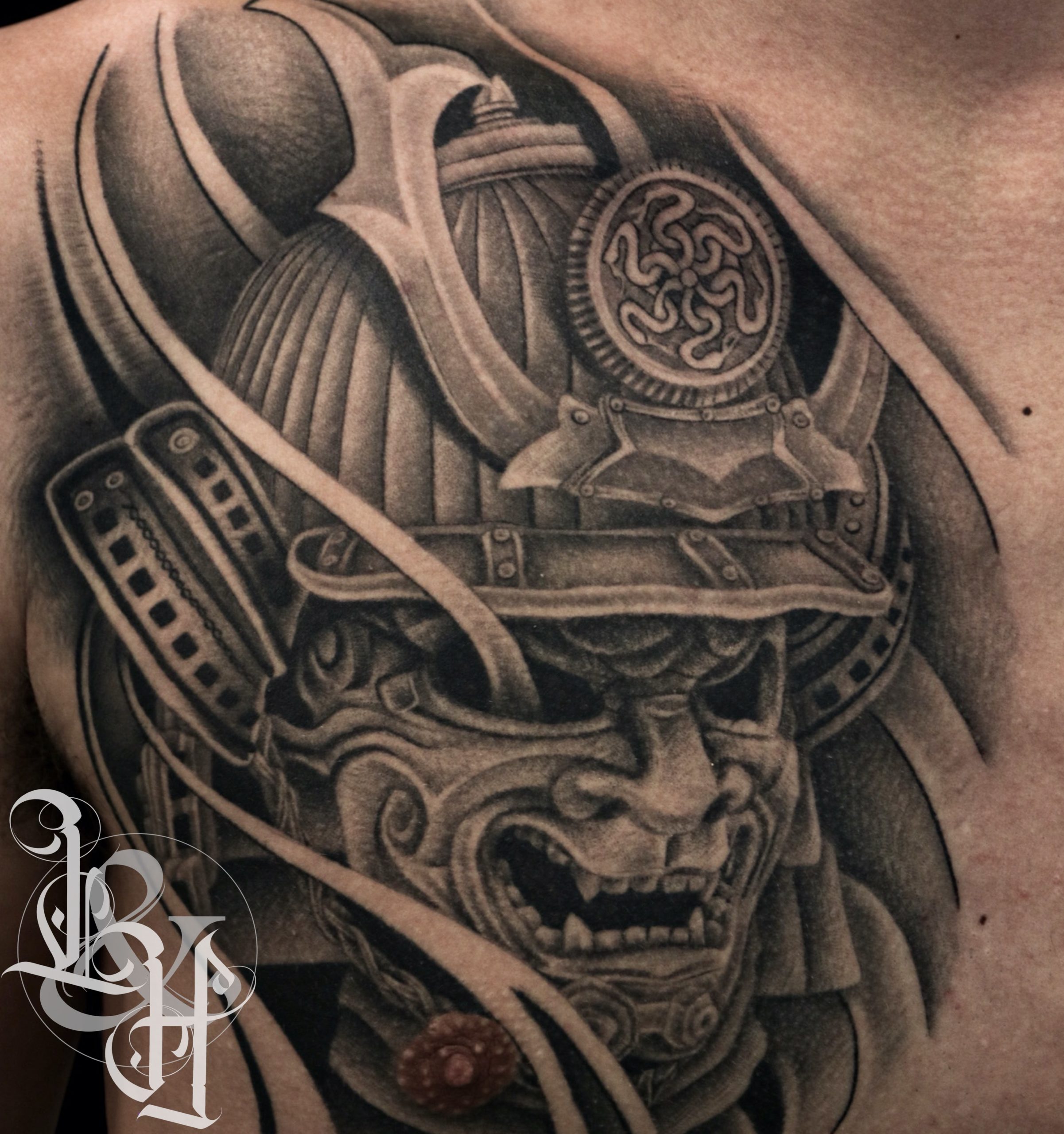 Black And Grey Samurai Mask Tattoo - Love N Hate 2560_x_2402_jpg