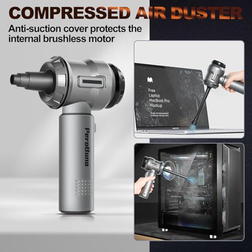 PeroBuno Car Vacuum Cleaner High Power- 18KPa Powerful- 35 Mins Runtime- 3 Gear- 2 in 1 Compressed Air Duster- Cordless Portable Mini Handheld Vacuum with Brushless Motor and Type C