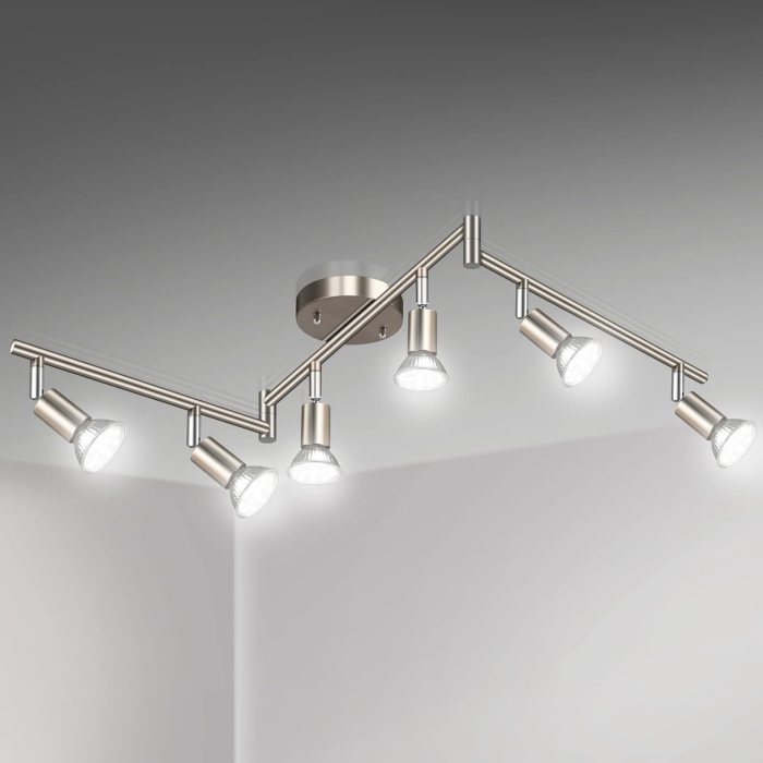 Unicozin LED 6 Way Ceiling Spot Lighting Kit – Matt Nickel, Flexibly Rotatable Light Head, Modern Track Light Included, 6 x LED GU10 Bulb (4W, 5000K Daylight, 400LM)