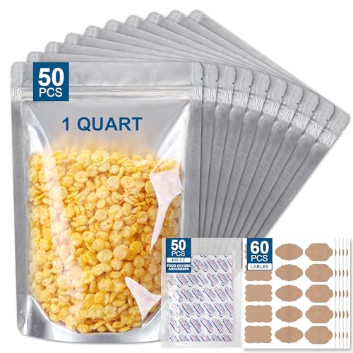 50 Packs Mylar Bags for Food Storage with Clear Window,1 QUART(9.44 Mil, 7″x 10″) Reusable Mylar Bags with 400CC Oxygen Absorber for Grains, Wheat, Rice, Legumes, Meat Long Term Food Storage