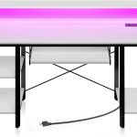 Rolanstar Computer Desk 54 inch with LED Lights & Power Outlets, Gaming Desk with Storage Shelves, Home Office Desk with Keyboard Tray, Writing Desk with Monitor Stand, Study Desk, White