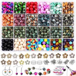 Beads for Jewelry Making,8mm Round Gemstone Decorative Pattern Acrylic Stone Beads Supplies Kit with Wood Chakra Lava Bead,Pliers,Findings,Charms and 2 Crystal String for DIY Bracelets Making Adults