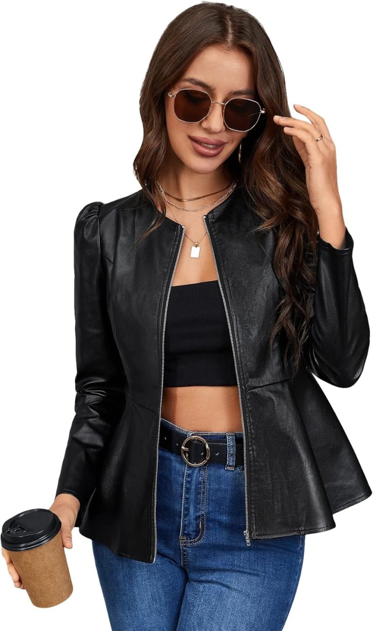 MakeMeChic Women’s Faux Leather Jacket Long Puff Sleeve Zip Up PU Peplum Jacket Coat