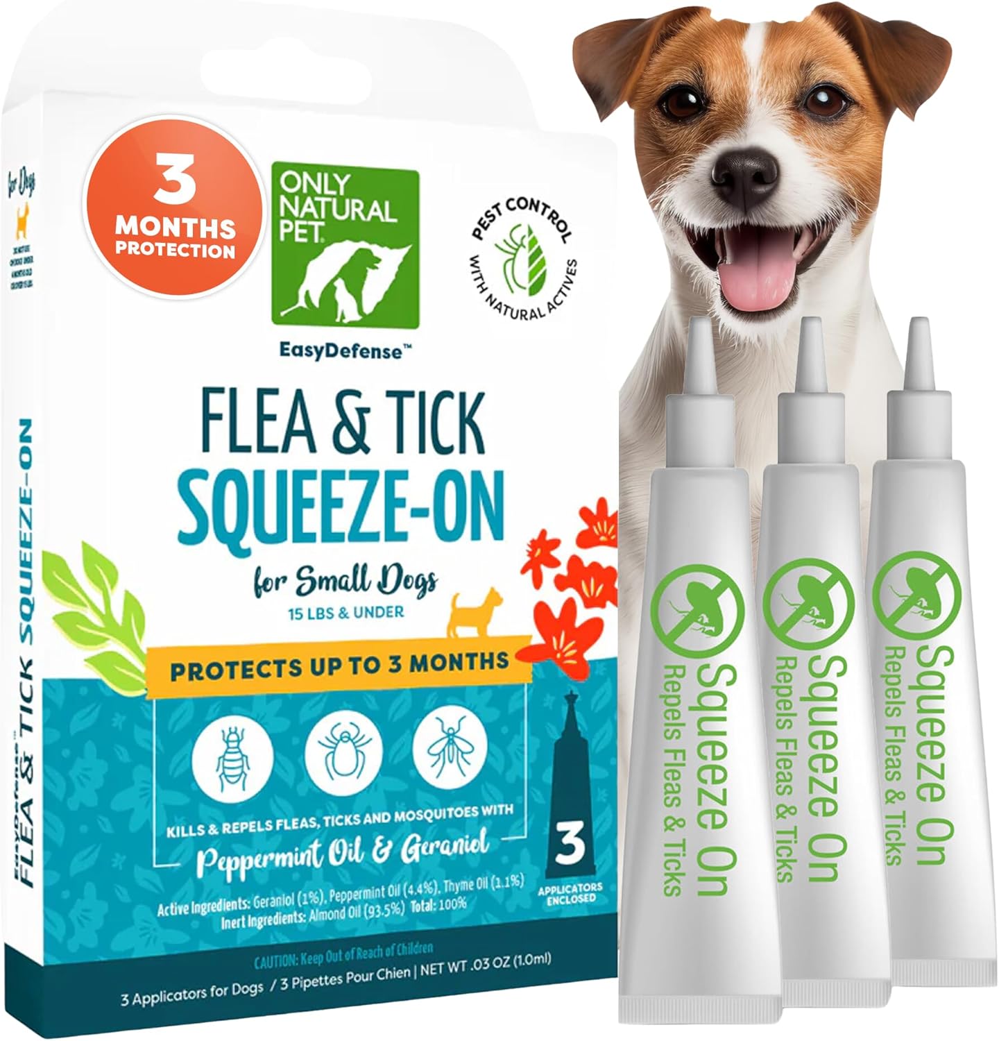 Only Natural Pet Flea and Tick Prevention for Small Breed Dogs (up to 15 lbs) – EasyDefense Flea Remedy – Natural Flea Control Herbal Squeeze-On Drops – Three Month Supply (Single)