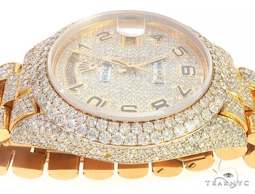 Fully Iced Out Day Date Rolex Presidential Watch 65476 Mens Diamond Rolex Watch Collection Yellow Gold 18k Round Cut 16 70 Ct