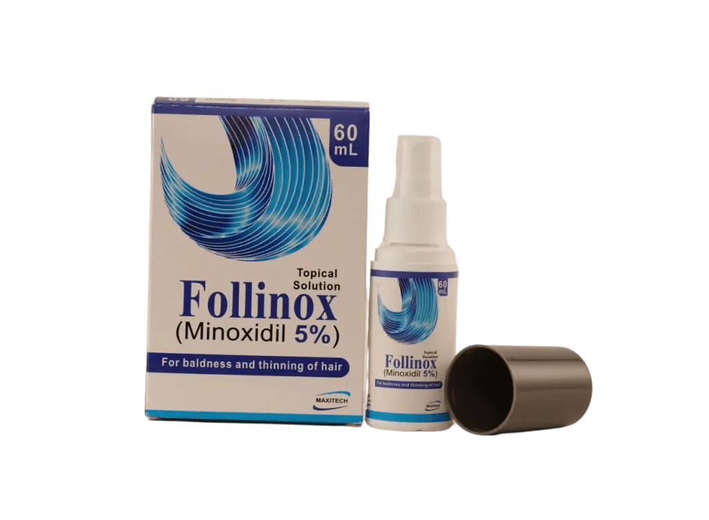 FOLLINOX SPRAY 5% topical hair growth solution that revitalizes thinning hair promotes hair density reduces hair loss absorbs quickly non-greasy and safe for men and women.