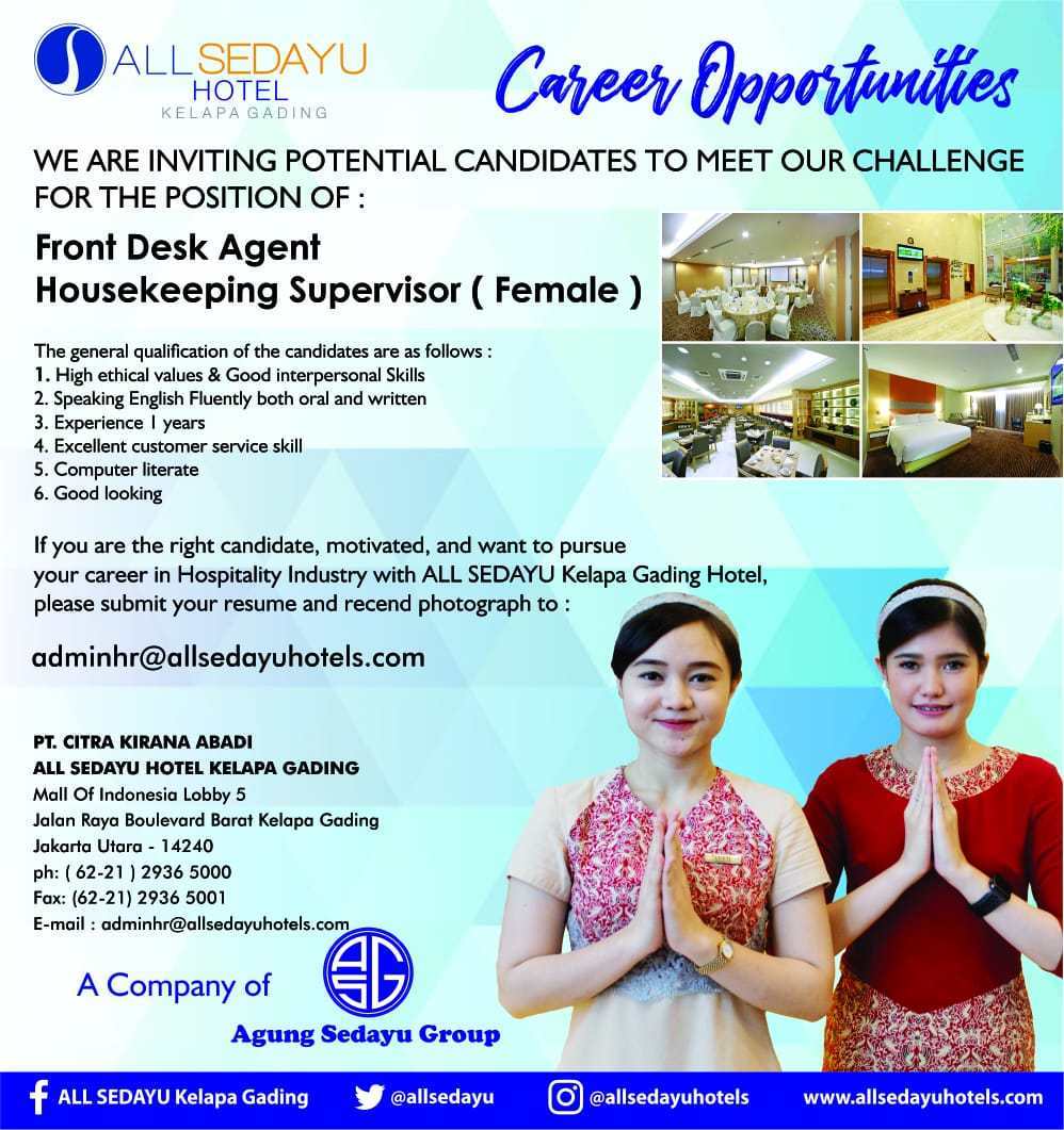Loker Hotel Front Desk All Sedayu Hotel Kelapa Gading Jakarta - MyRobin