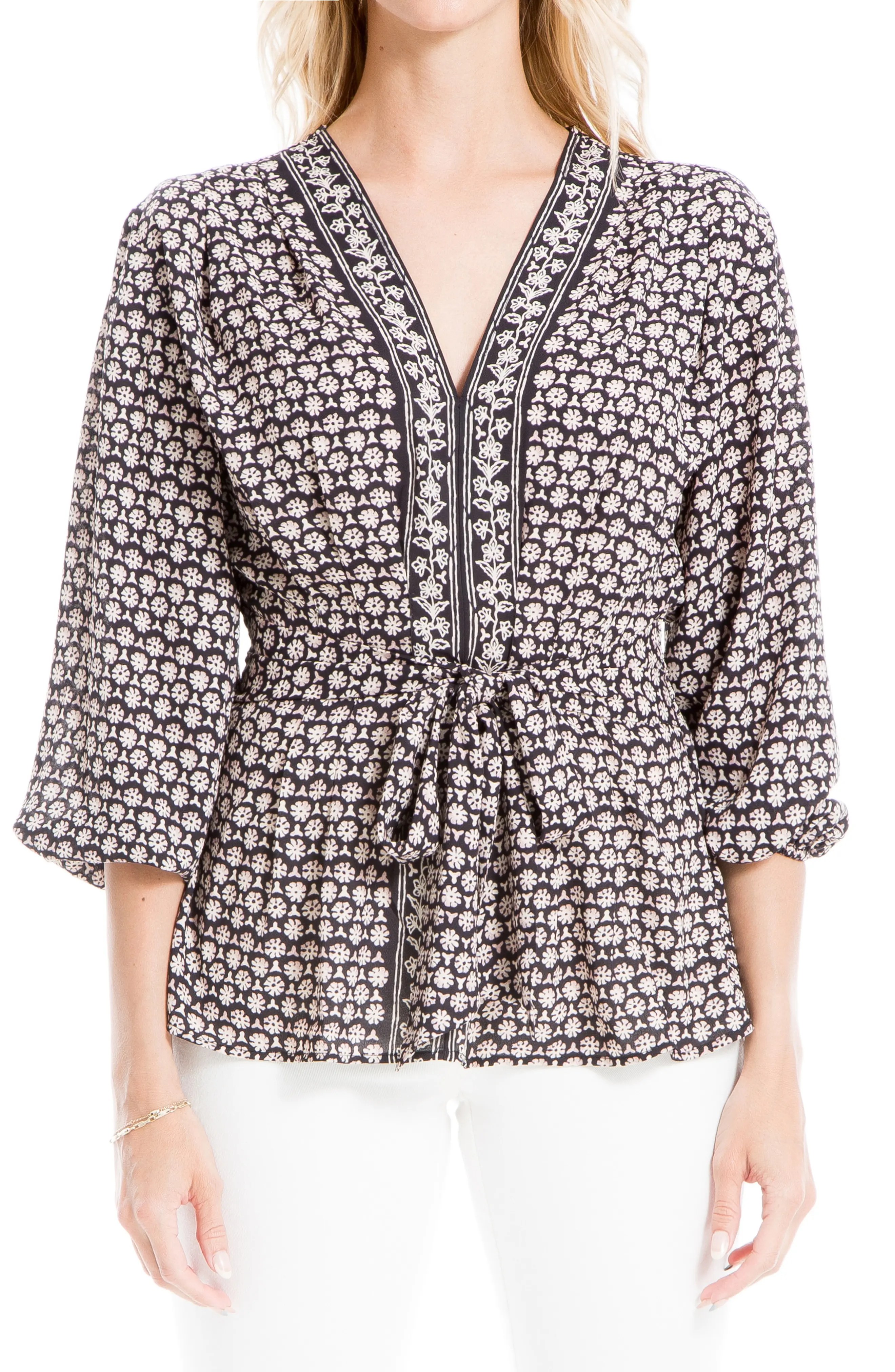 Max Studio Tie Front 3 4 Sleeve Blouse In Bkcrvids Modesens