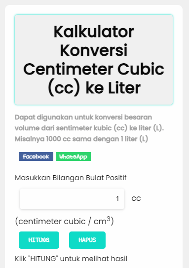 Centimeter Cubic (cc) ke Liter | Kalkulator Konversi