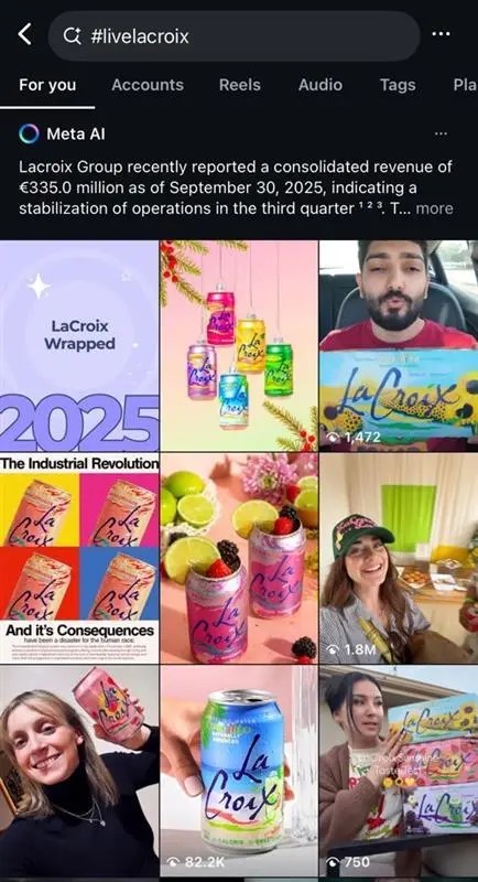Instagram’s hashtag results page for #livelacroix, showing a “For you” feed with a Meta AI summary at the top and a 3×3 grid of posts featuring LaCroix sparkling water.