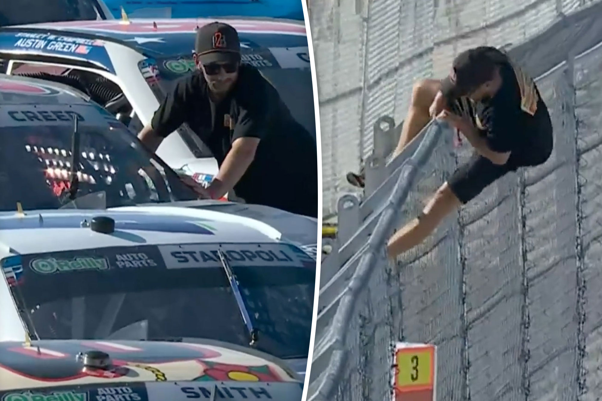 NASCAR fan climbs on California track to fist-bump driver