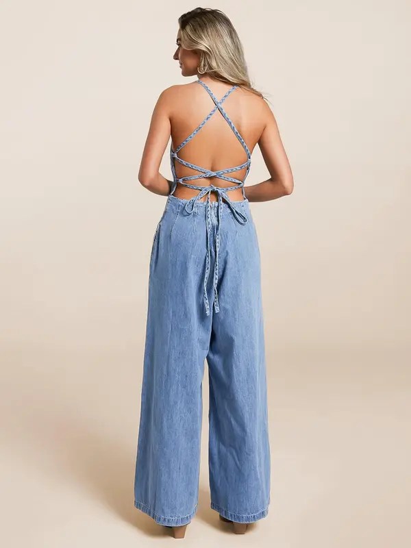Sexy Halter Backless Denim Jumpsuit