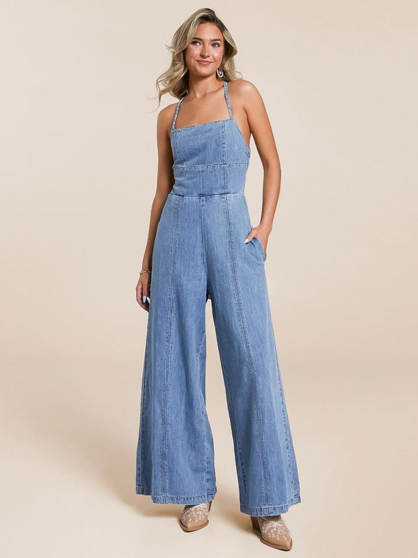 Sexy Halter Backless Denim Jumpsuit