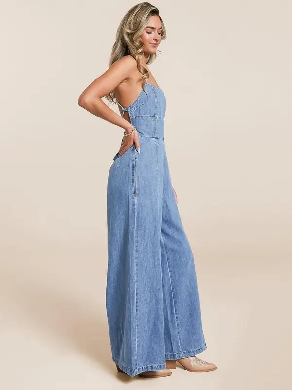 Sexy Halter Backless Denim Jumpsuit
