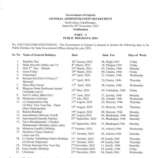 2026 Holiday Calendar Gujarat Government Medical Services