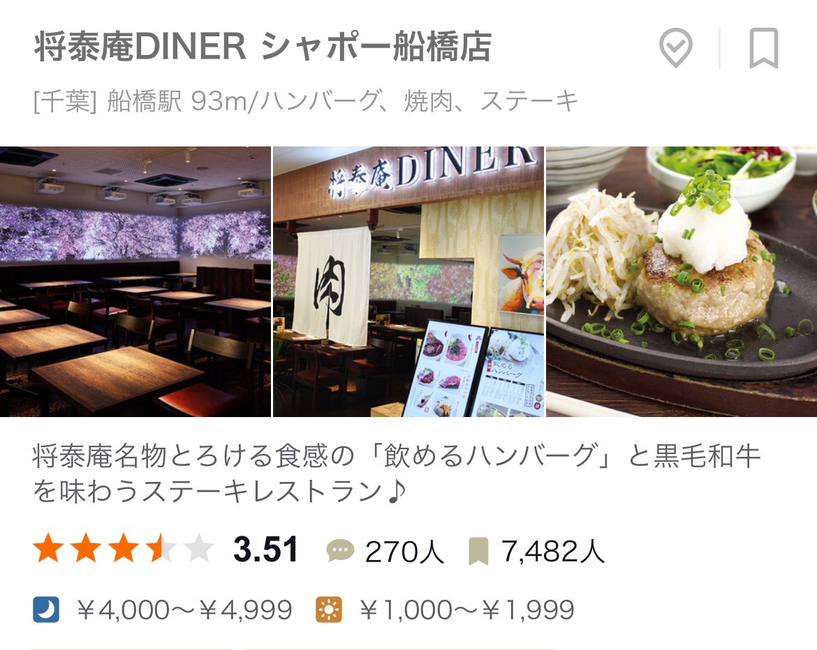 まめ🐼ただのゆるふわ on X: 【話題】船橋の飲食店「飲めるハンバーグ御膳」などで食中毒 男女5人が入院 O157検出 『将泰庵DINER』 📍千葉県船橋市本町7-1-1 シャポー船橋店 南館 3F 牛肉ハンバーグなどを食べた14人中7人が下痢や腹痛、血便などの症状を訴えた ...