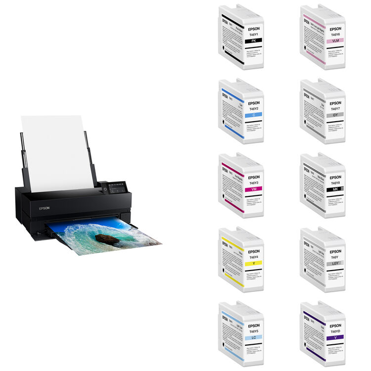 An Epson printer prints a beach photo, with ten different ink cartridges in various colors displayed in two vertical columns on the right side of the image.