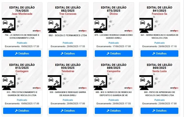 Confira o calendário de leilão de veículos do Detran-MG; há edital para Botelhos