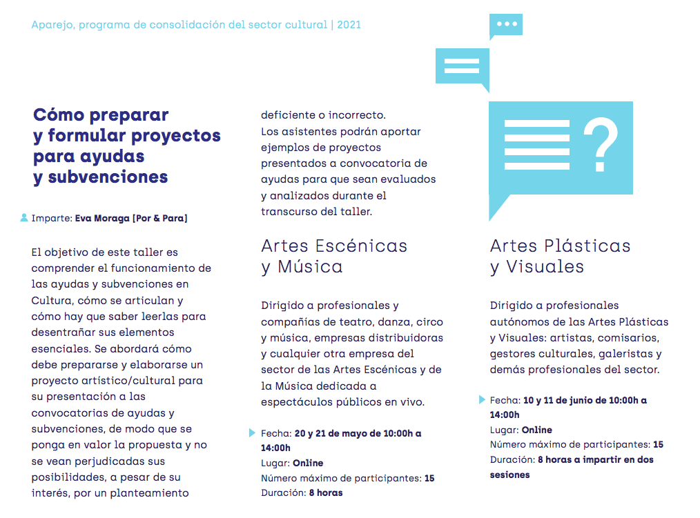 Proximos Dos Talleres Online Para Las Artes Escenicas La Musica Y Las Artes Plasticas Y Visuales Como Preparar Y Formular Proyectos Para Ayudas Y Subvenciones Programa Aparejo Fundacion Santander Creativa Porypara Esporypara Es