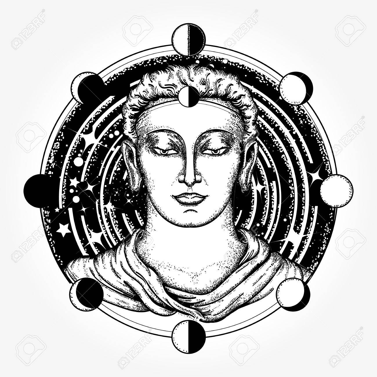 Buddha In Deep Space T-Shirt Design. Sacred Sign Rebirth Of The Soul, Buddhism Tattoo. Buddha Face Tattoo Art. Symbol Of Immortality, Enlightenment, Religion, Magic. Space God Royalty Free Cliparts, Vectors, And Stock 1300_x_1300_jpg
