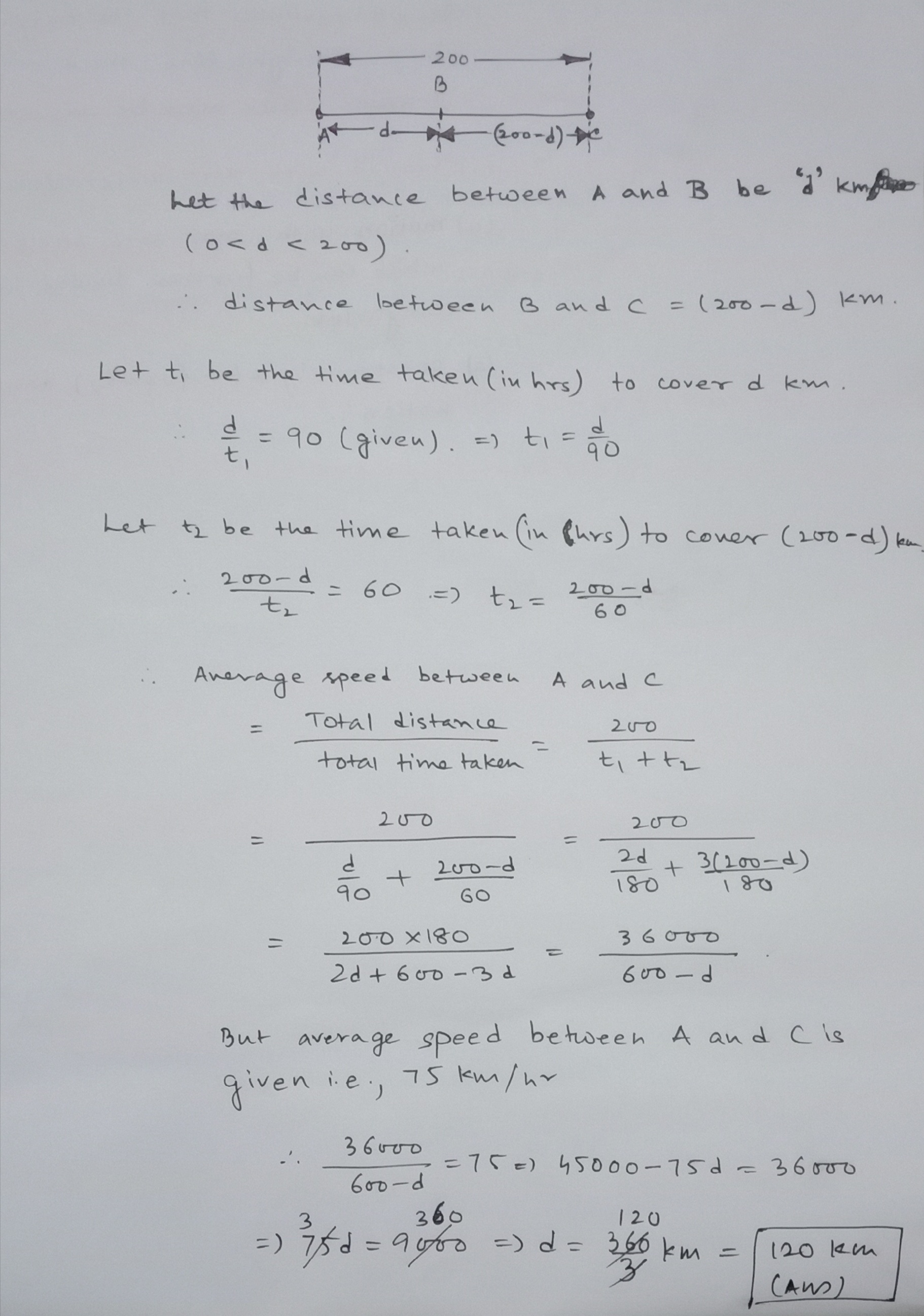 Ram berkendara dari A ke B dengan mobil dengan kecepatan 90 km per jam. Dia  pergi ke C dari B dengan sepeda dengan kecepatan 60 km per jam. Jarak  antara A dan