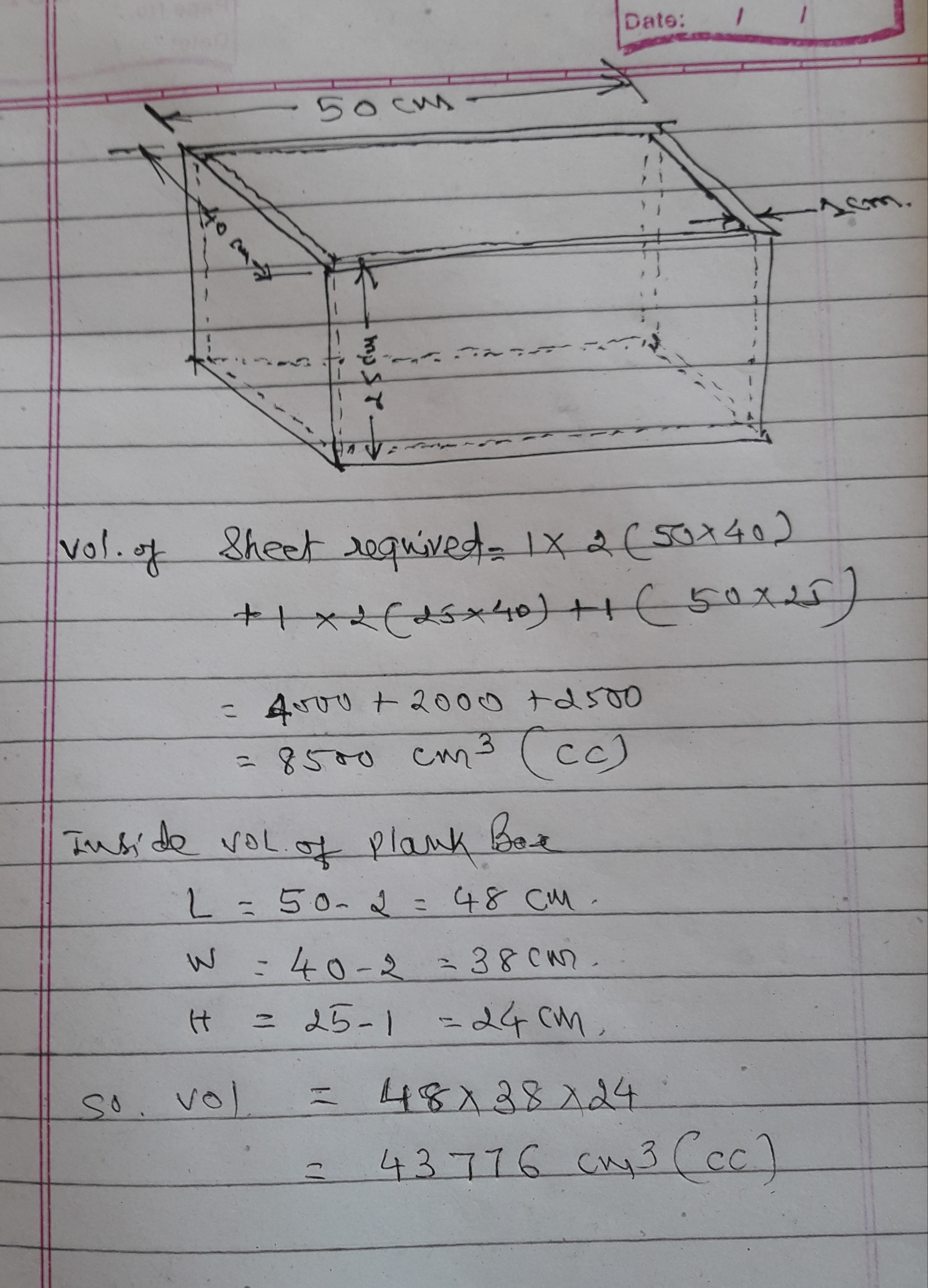 Berapa banyak papan kayu (dalam cc) yang diperlukan untuk membuat sebuah  kotak dengan panjang 50 cm, lebar 40 cm, dan tinggi 25 cm? Berapa volume  bagian dalam kotak jika ketebalan papan adalah 10 mm? - Quora