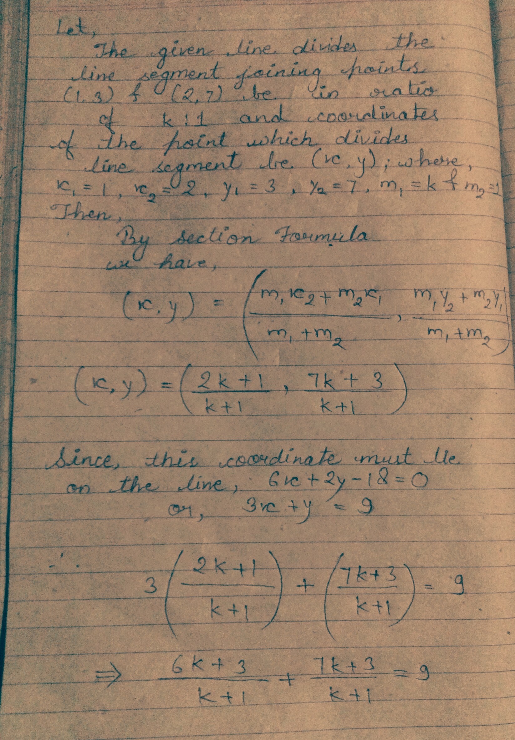 Berapa perbandingan ruas garis yang menghubungkan (1,3) dan (2,7) dibagi 3x+ y-9 =0? - Quora