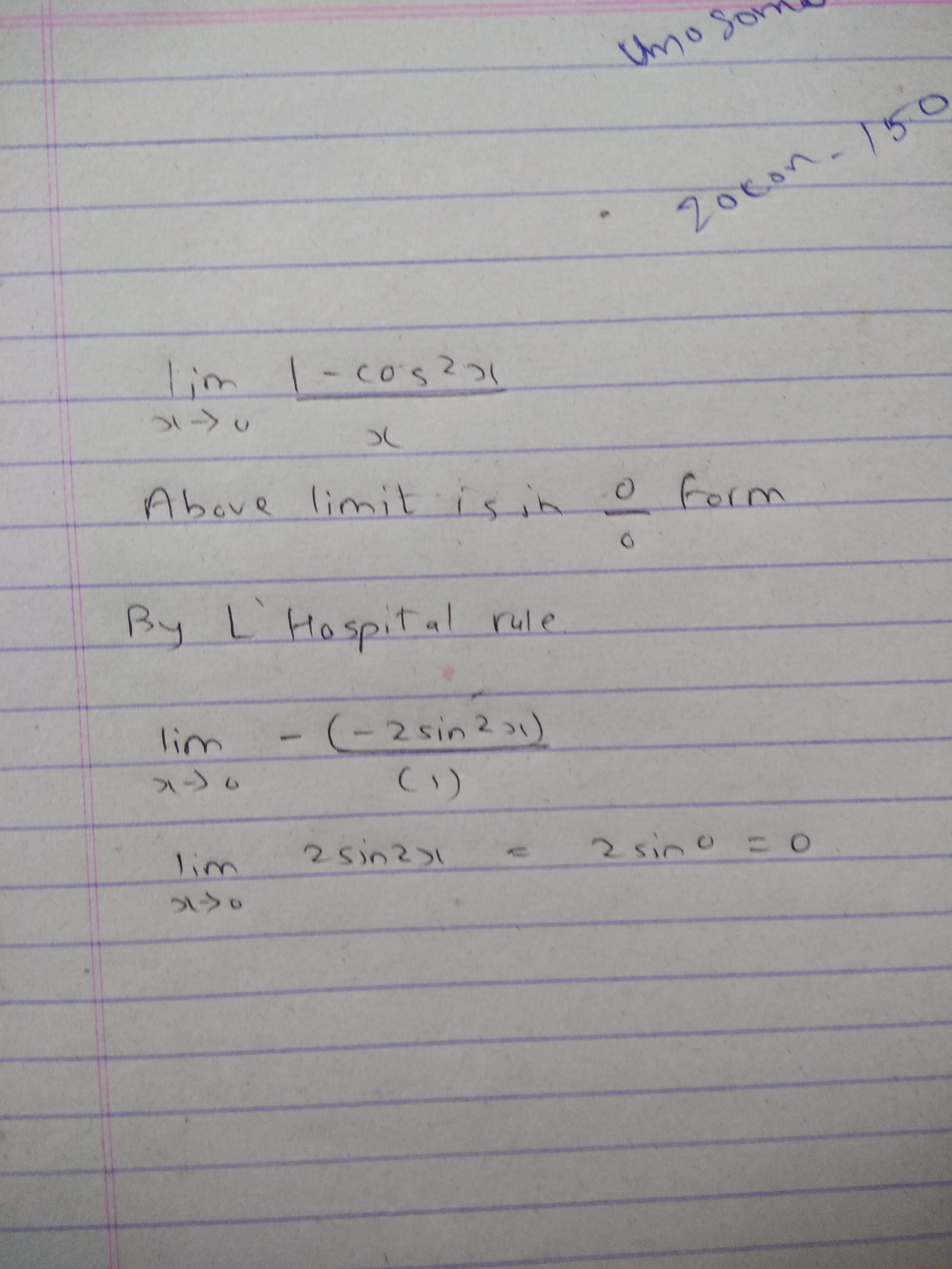 Apa solusi dari pertanyaan ini: lim(x➡0) (1-cos2x)/x? - Quora