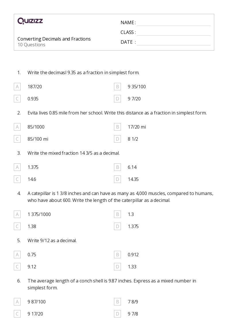 50+ Converting Decimals and Fractions worksheets on Quizizz | Free & Printable Decimals to fractions worksheet