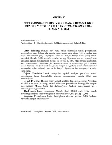 Perbandingan Pemeriksaan Kadar Hemoglobin Dengan Menggunakan Metode Sahli  dan Autoanalyzer Pada Orang Normal - MCUrepository