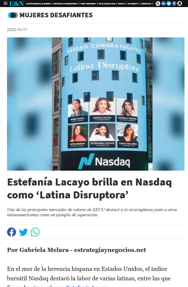 Estefanía Lacayo brilla en Nasdaq como ‘Latina Disruptora’