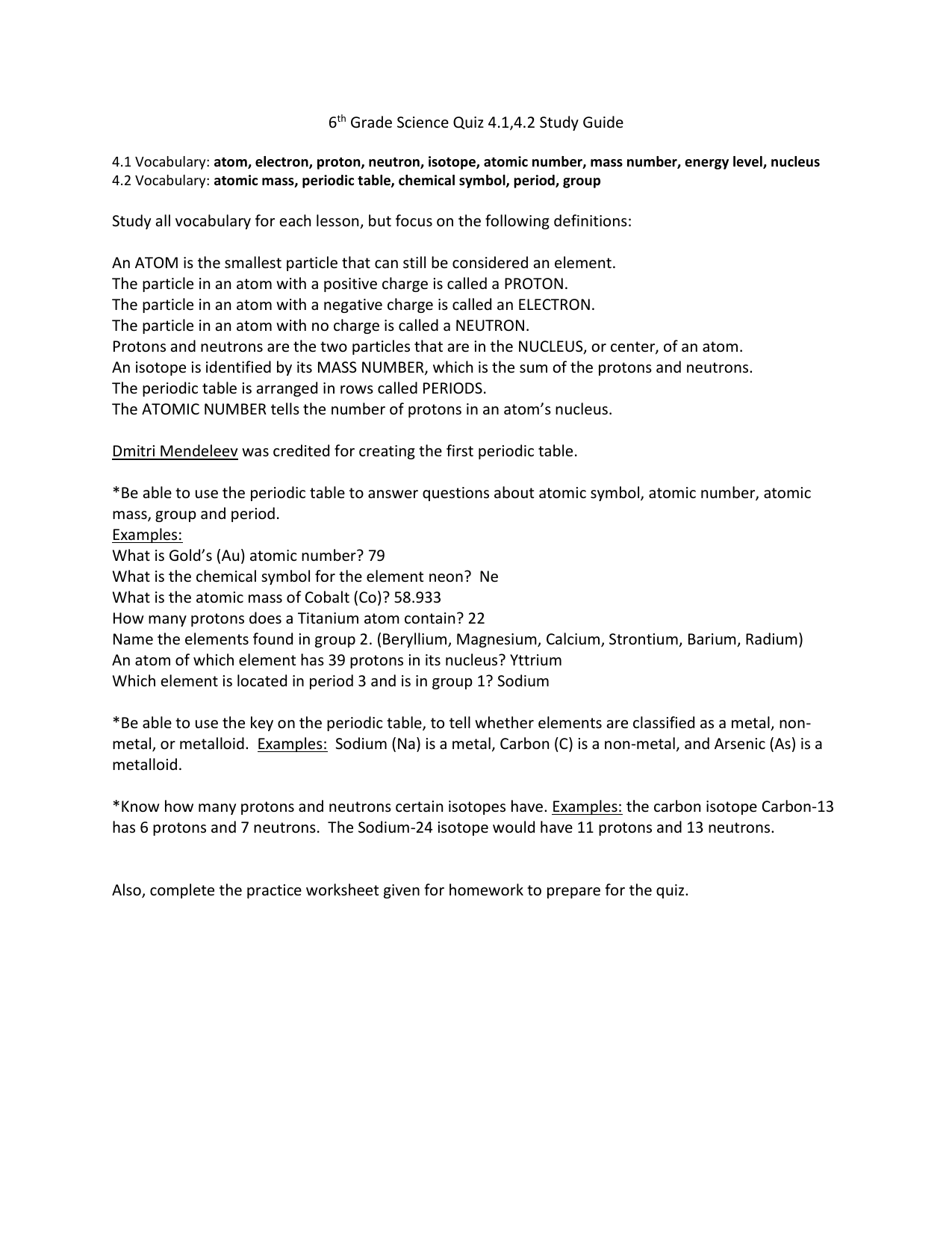 6th Grade Science Quiz 4 1 4 2 Study Guide 4 1 Vocabulary Atom