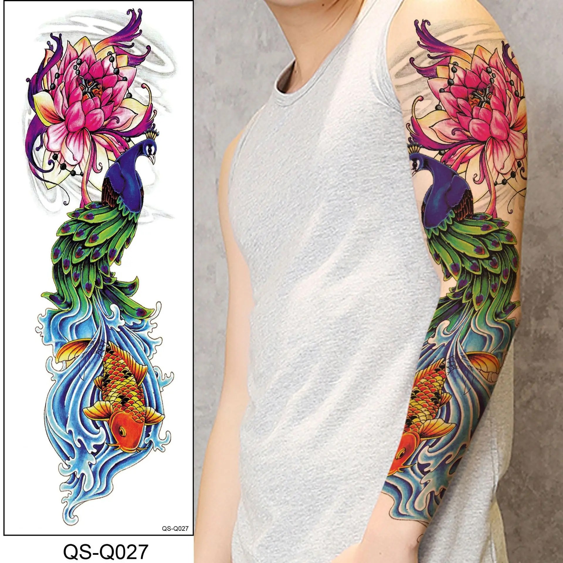 Fashion Flower Lotus Temporary Tattoo Peacock Carp Fish Design Waterproof Tattoo Stickers Henna Full Body Arm Waist Paste - Buy 1Pc New 48*17Cm Full Flower Arm Tattoo Sticker 40Models Fish Peacock Lotus 1920_x_1920_jpg