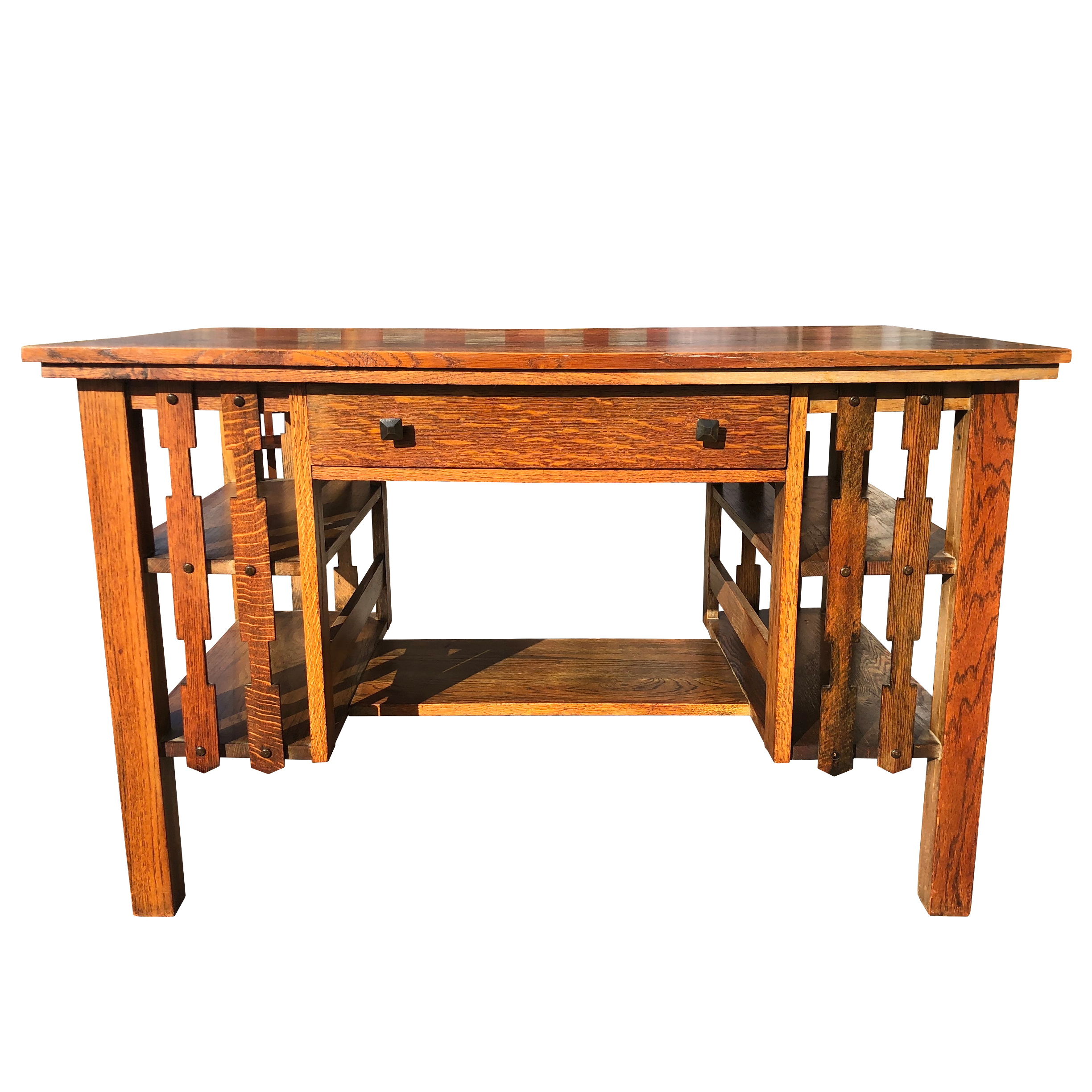 Antique Arts Crafts Mission Quartersawn Oak Partners Library Desk W Bookshelf Sides Scranton Antiques