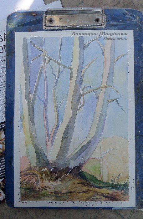 как рисовать березу акварелью