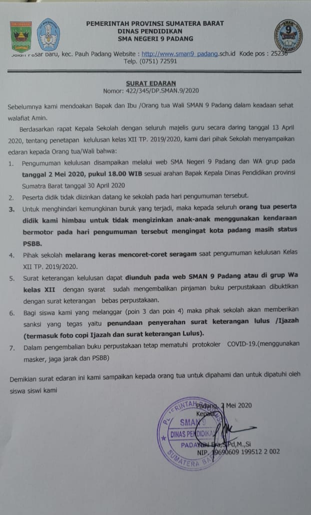 SURAT EDARAN PENGUMUMAN KELULUSAN SISWA SMA NEGERI 9 PADANG – SMA Negeri 9  Padang