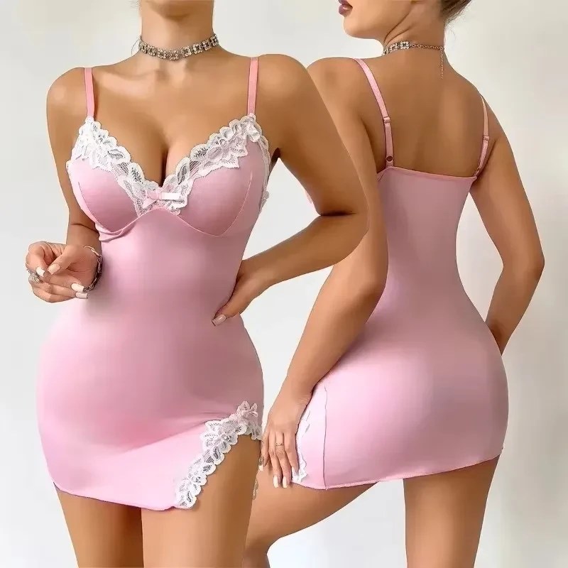 Pink Women Nightdress with Lace and Deep V Pink Women Nightdress with Lace and Deep V