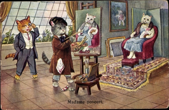 Kunstler Ak Katzen Maler Monokel Anzug Akpool De