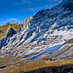 Automne's snow has fallen on the walls of the Eiger Mountain.(3,970 meter Alt.) Canton of Bern, Switzerland. No. 1496.
