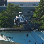 Finnish Border Guard OH-HVP Super Puma landing on patrol vessel Turva