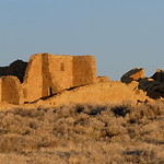 Sunrise light on Pueblo Bonito ruins in Chaco Canyon in NM pano1 3-24-09