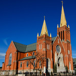 Brilliant blue skies over Saint Mary's Church in Colorado Springs, Colorado