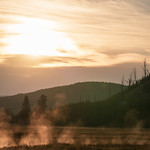 Steamy, misty morning sunrise on the Madison River in Yellowstone National Park Wyoming