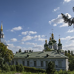 Vydubitsky Monastery (1070-1088). The abbots house (1770) and St. George Cathedral (1696-1701). Kyiv. Ukraine.