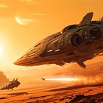 a photorealistic chris foss-style spaceship lifting a smaller starfighter from desert sands using a tractor beam